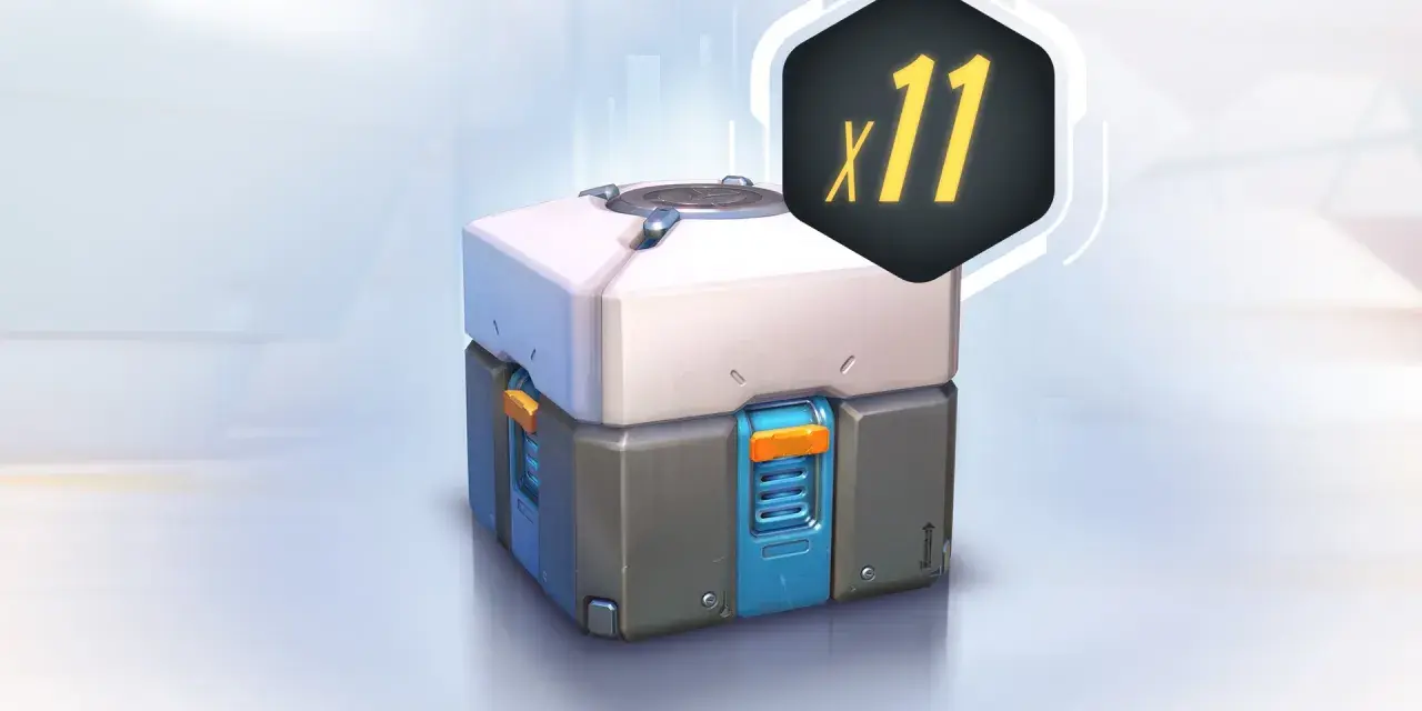 Futurystyczna skrzynka z nagrodami (loot box) z symbolem "x11" w tle.