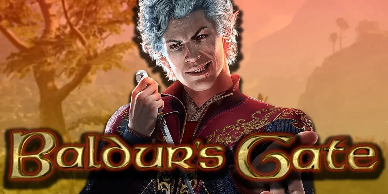 Un elfo de pelo plateado con una sonrisa maliciosa y una daga en mano, con el logo de Baldur's Gate 4.