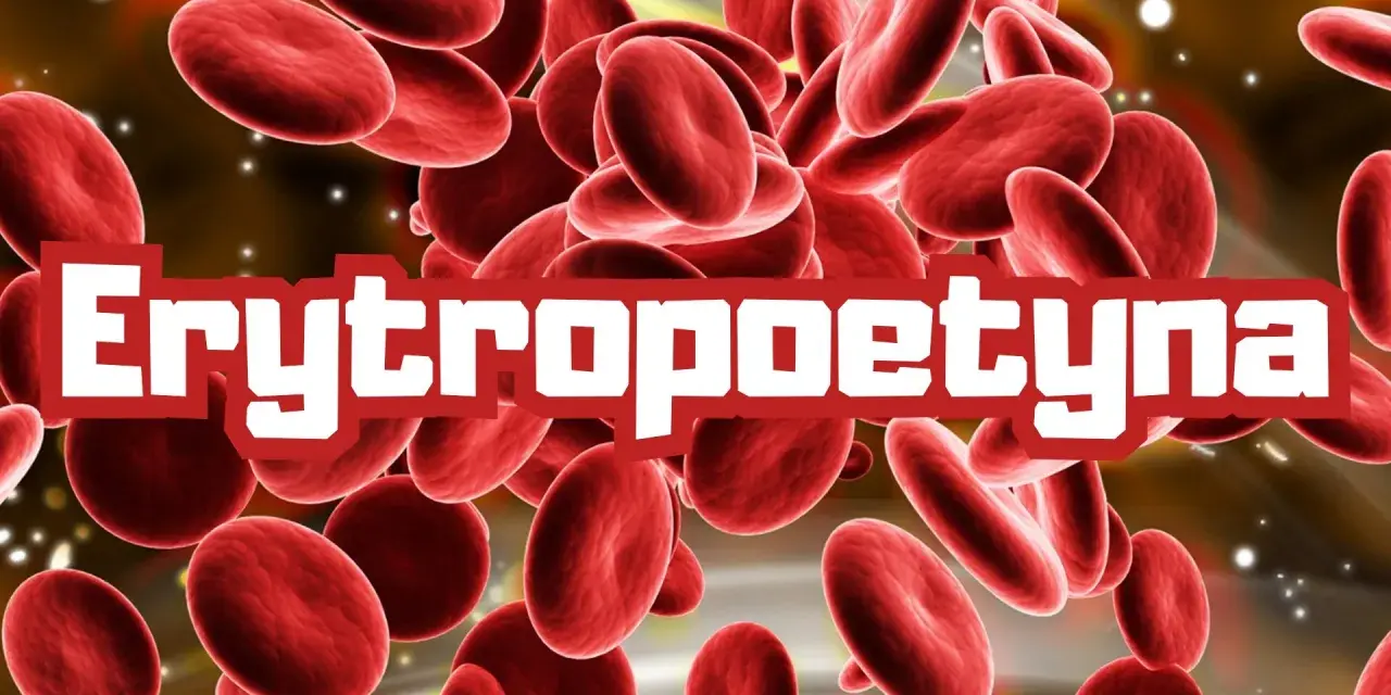 Czerwone krwinki unoszą się w tle, a na pierwszym planie widnieje napis "Erytropoetyna".