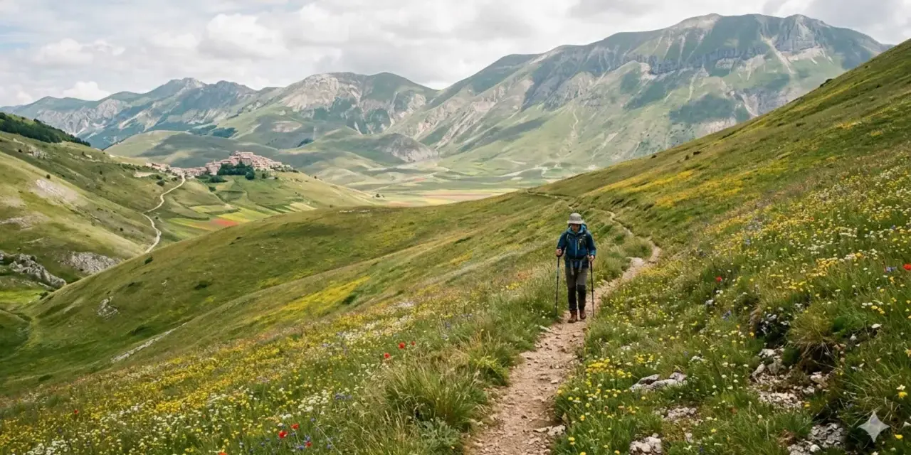 Escursionista su sentiero fiorito nel **Val di Norcia**, con borgo in lontananza e montagne verdi.