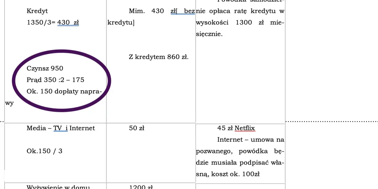 Szacowane koszty utrzymania dziecka: czynsz 950 zł, prąd 175 zł, media 50 zł, wyżywienie 1200 zł, szkoła 150 zł. Ile wynoszą alimenty na dziecko?