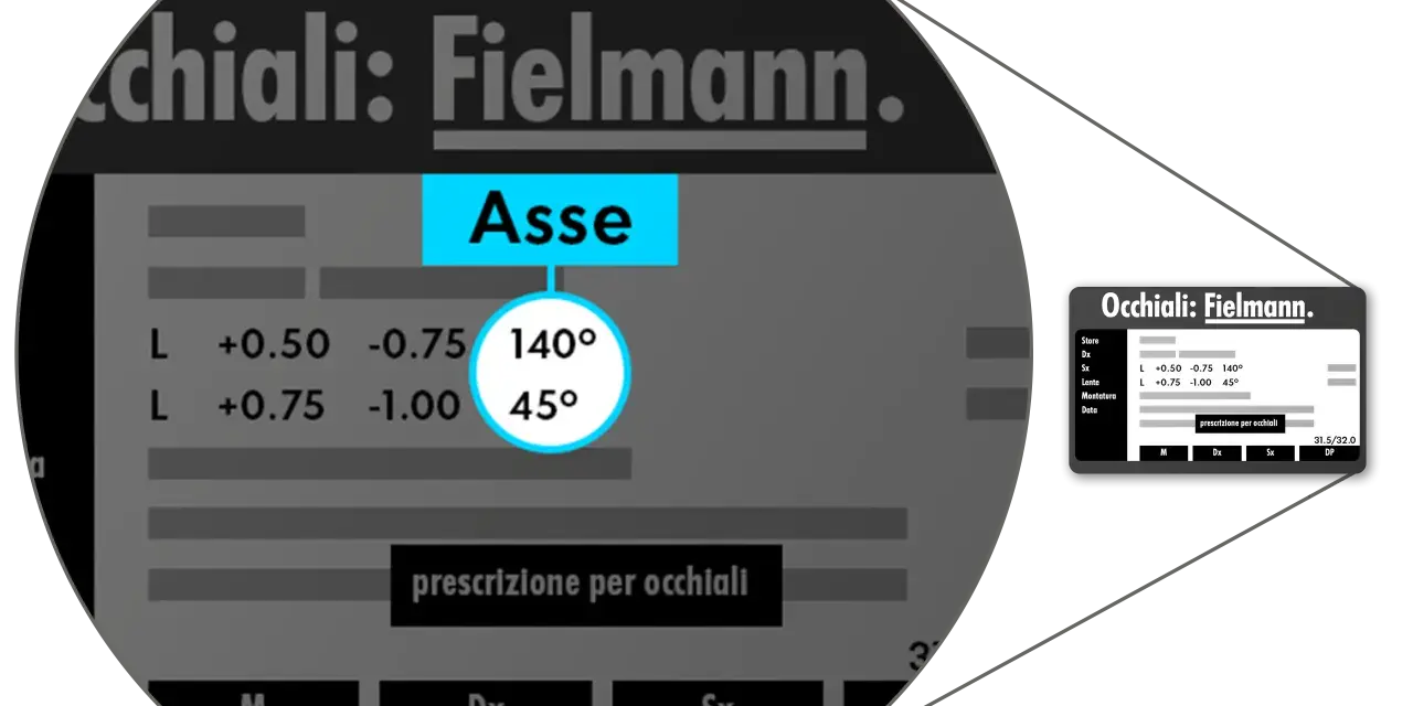 Dettagli di una prescrizione per occhiali Fielmann, con l'asse dell'occhio indicato a 140° e 45°.