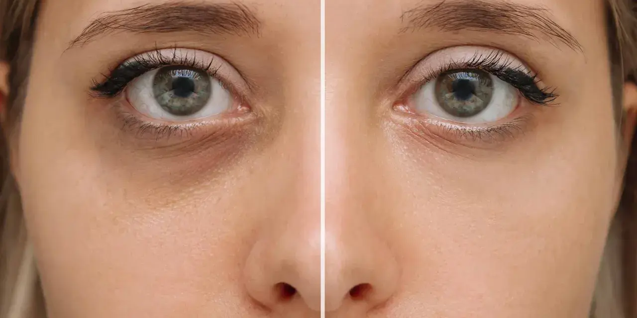 Comparación de ojos: antes con ojeras vasculares oscuras y después con piel más clara y uniforme.