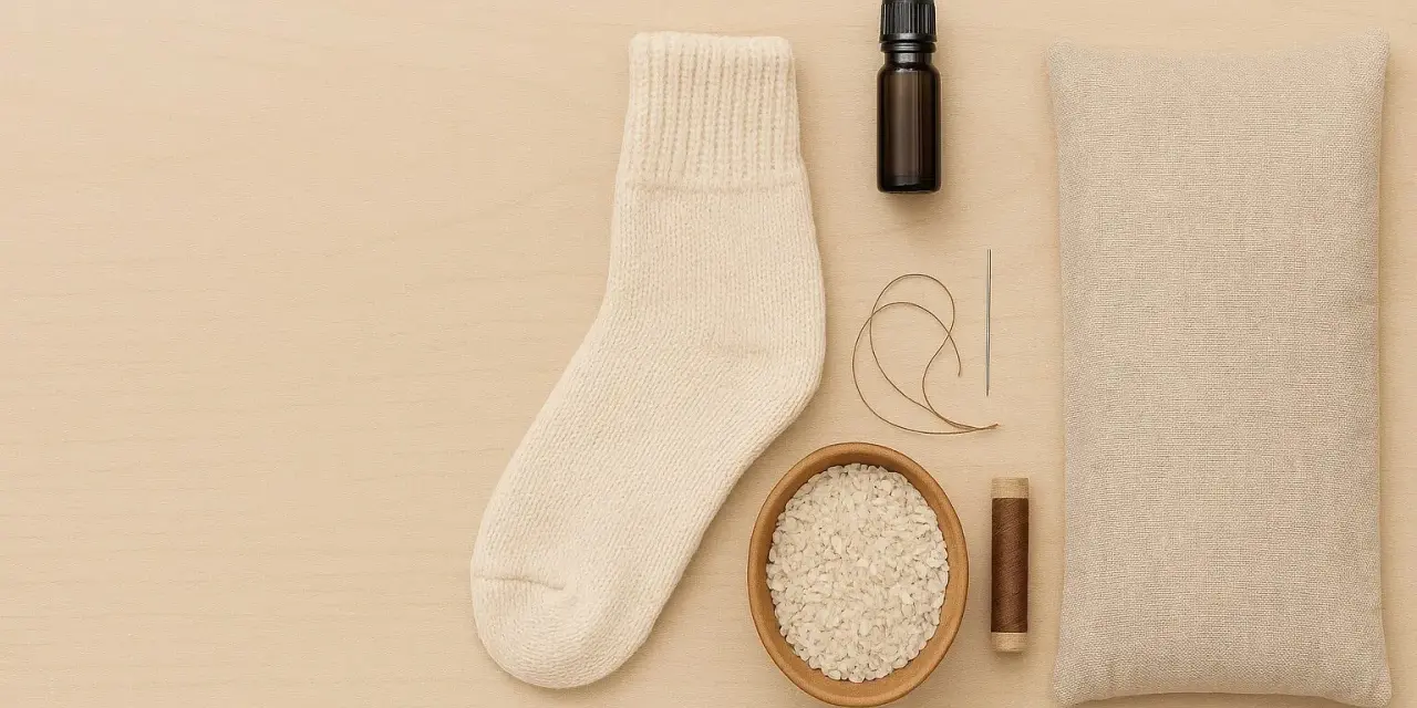 Pour savoir comment faire une bouillotte sans bouillotte, voici les ingrédients : une chaussette, du riz, une aiguille, du fil, une petite fiole et un coussin.