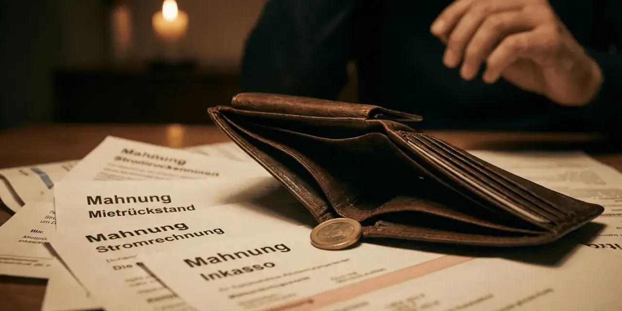 Leeres Portemonnaie mit Mahnungen und einer Münze. Das zeigt, was passiert, wenn man kein Unterhalt zahlt: Schulden und Inkasso.