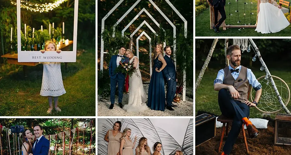 Urocza dziewczynka z napisem "BEST WEDDING" i inne niestandardowe atrakcje weselne: para młoda, druhna, goście i dekoracje.