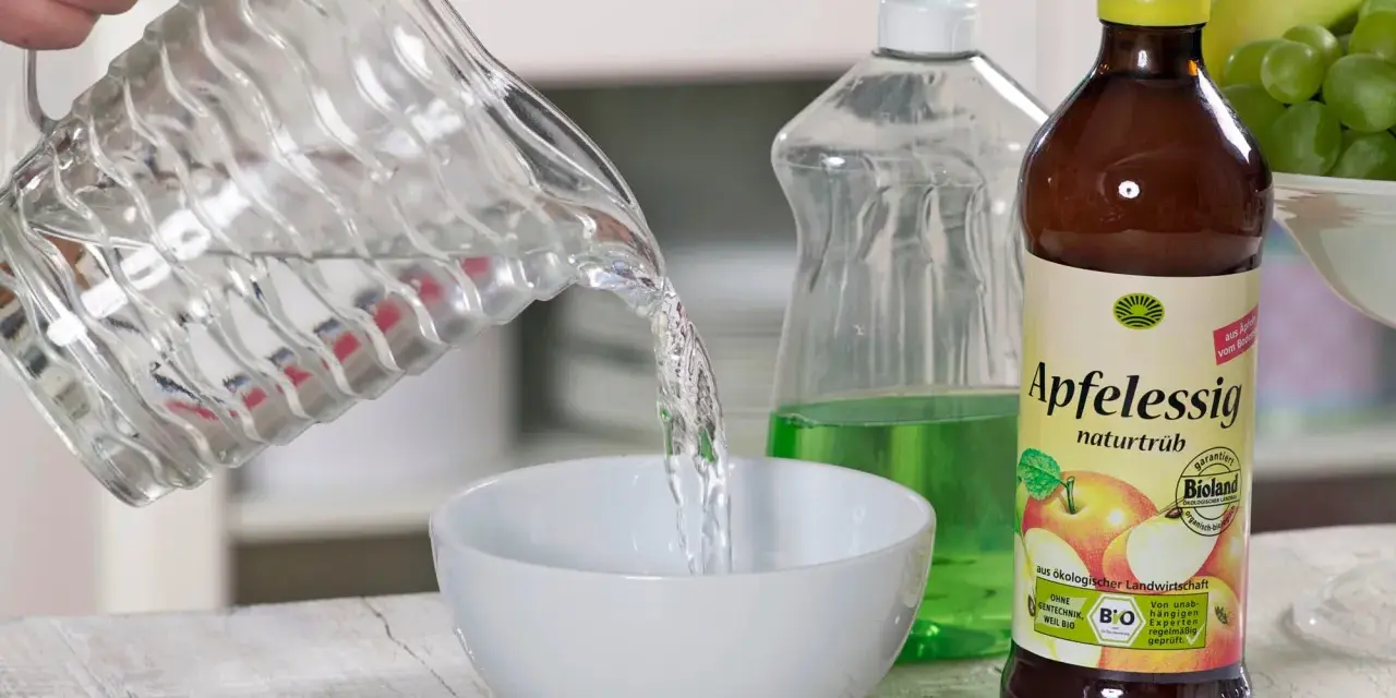 Wasser wird in eine Schüssel gegossen, um eine Fruchtfliegenfalle zu bauen. Apfelessig und Spülmittel sind bereit.