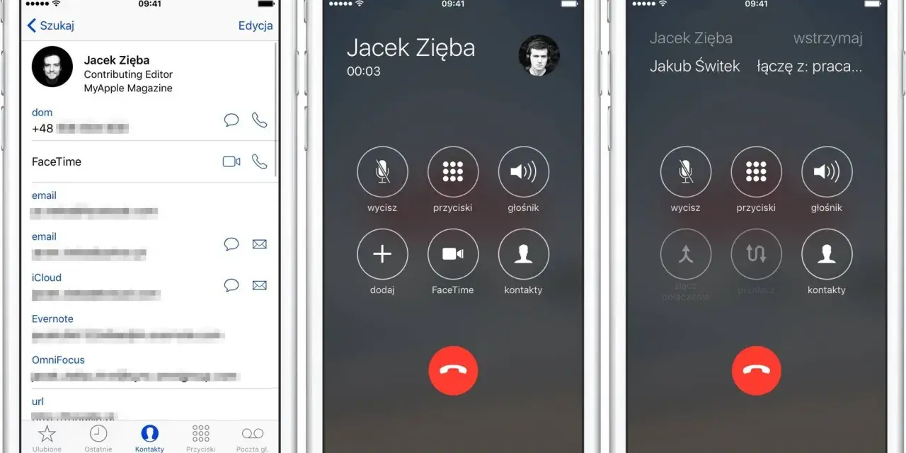 Trzy ekrany iPhone'a pokazujące kontakt i rozmowę. Dowiedz się, jak włączyć nagrywanie rozmów w telefonie.