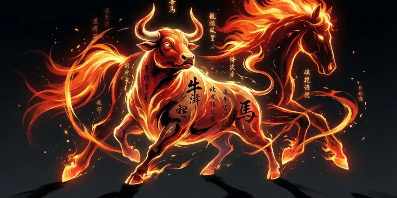 Ognisty wół i koń, symbole chińskiego zodiaku. Wół z 1997 roku, roku wołu, w płomieniach.