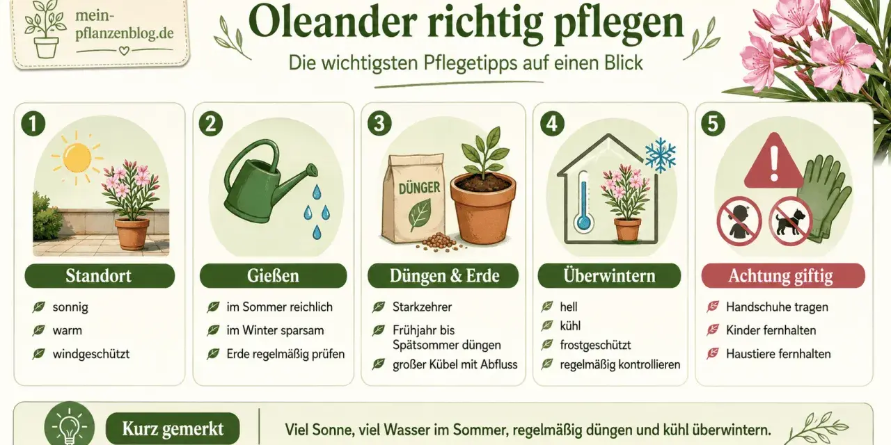 Infografik zur Oleander pflege: Standort, Gießen, Düngen & Erde, Überwintern und Giftigkeit. Sonne, Wasser, Dünger und kühles Überwintern sind wichtig.
