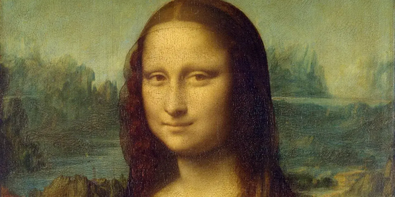Mona Lisa, målad av Leonardo da Vinci, med sitt gåtfulla leende och en drömsk bakgrund. Vem har målat Mona Lisa? Svaret är Leonardo.