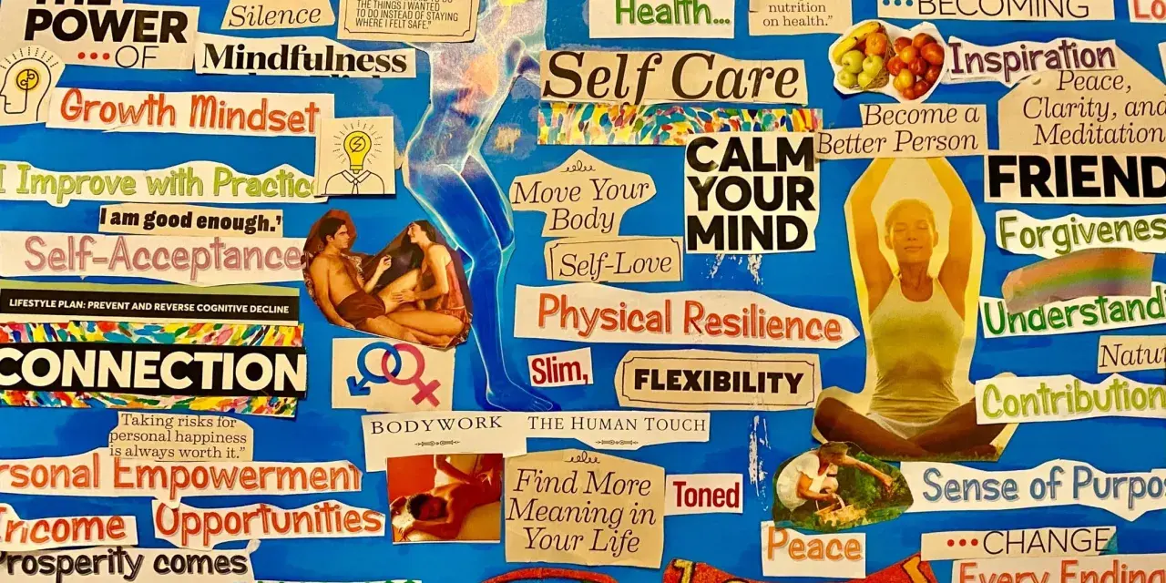 Vision board with "Mind," "Body," and "Spirit" sections, featuring keywords like "Mindfulness," "Self-Care," "Inspiration," and "Personal Empowerment," reflecting board member titles for a wellness organization.