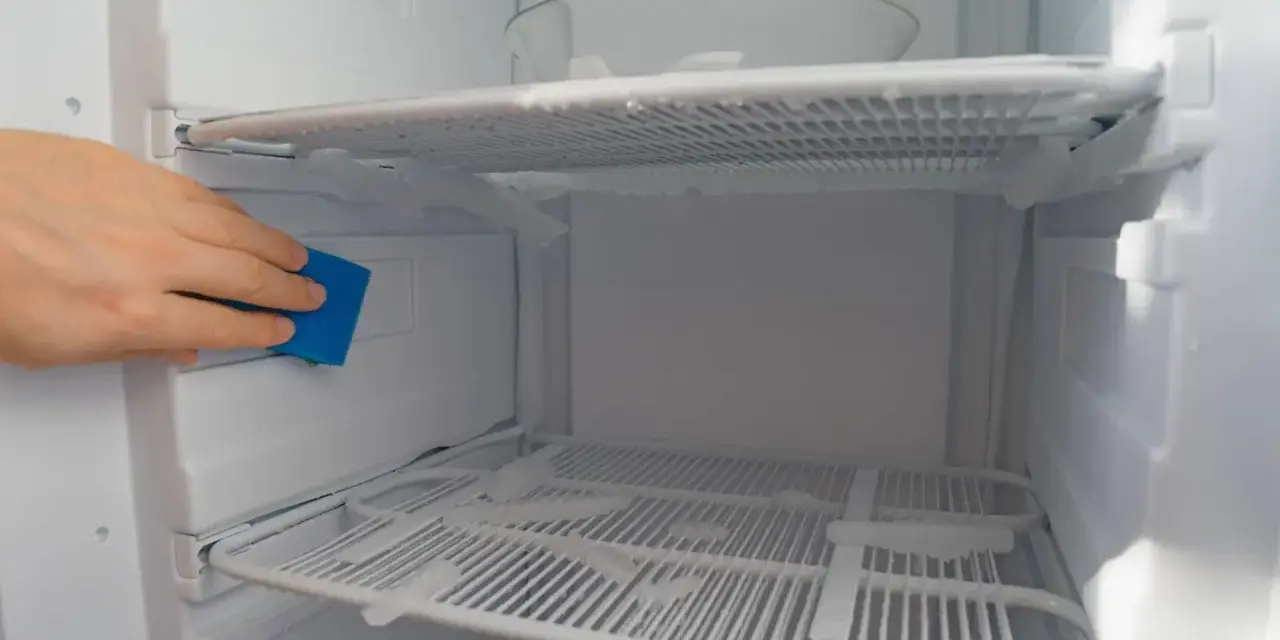 A hand uses a blue sponge to clean ice buildup inside a fridge freezer, showing a method for how to defrost fridge freezer without turning it off.