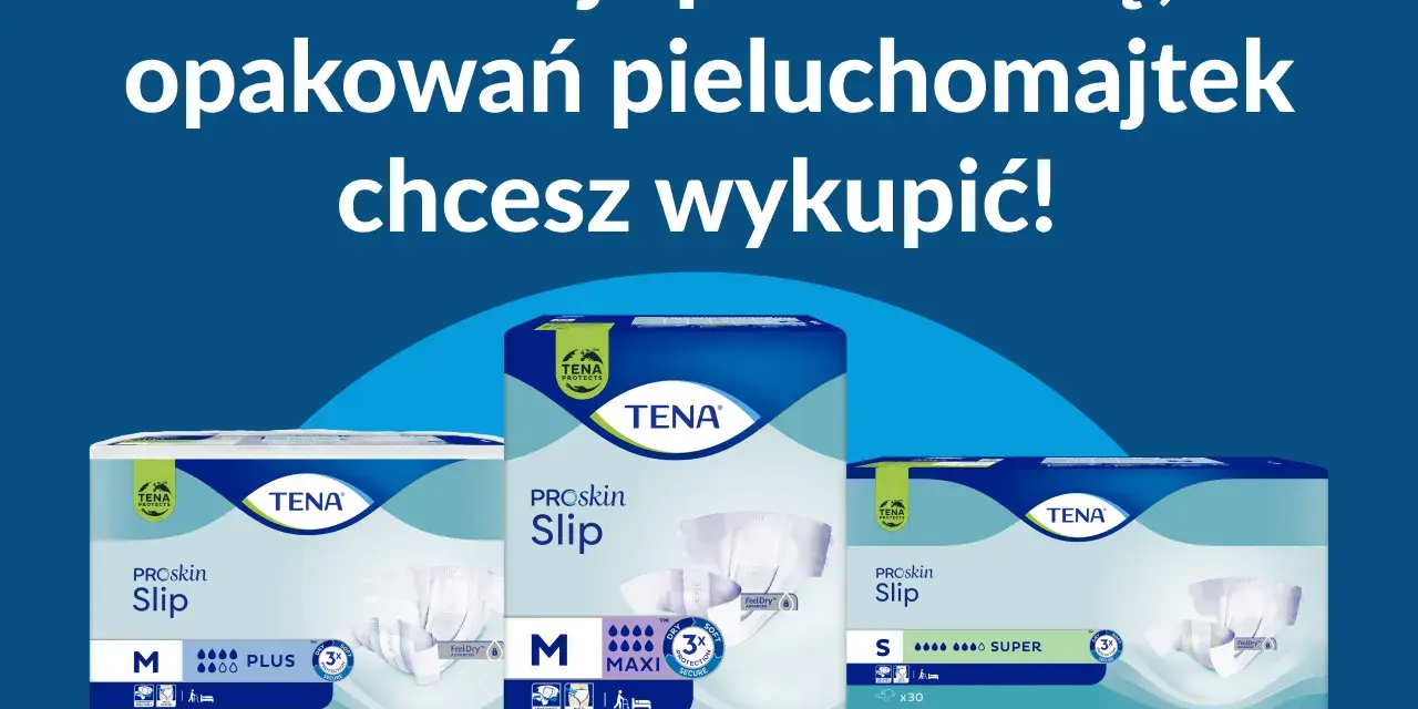 Pieluchomajtki TENA ProSkin Slip w różnych rozmiarach. Dowiedz się, jak obliczyć refundację pieluchomajtek, informując sprzedawcę o liczbie opakowań.