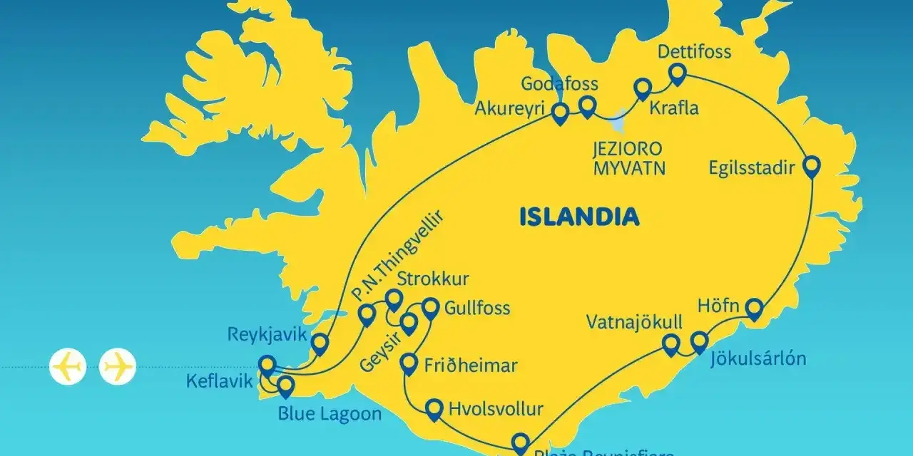 Mapa Islandii z trasą turystyczną "Złoty Krąg" i innymi atrakcjami, w tym wodospadami i gejzerami.