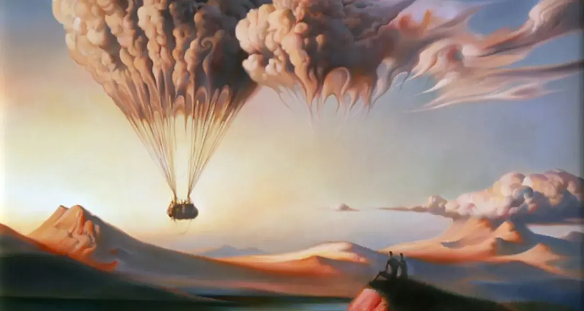 Un ballon en forme de cœur s'élève au-dessus d'un paysage onirique, évoquant le symbolisme du voyage et de l'amour. Deux silhouettes contemplent la scène.
