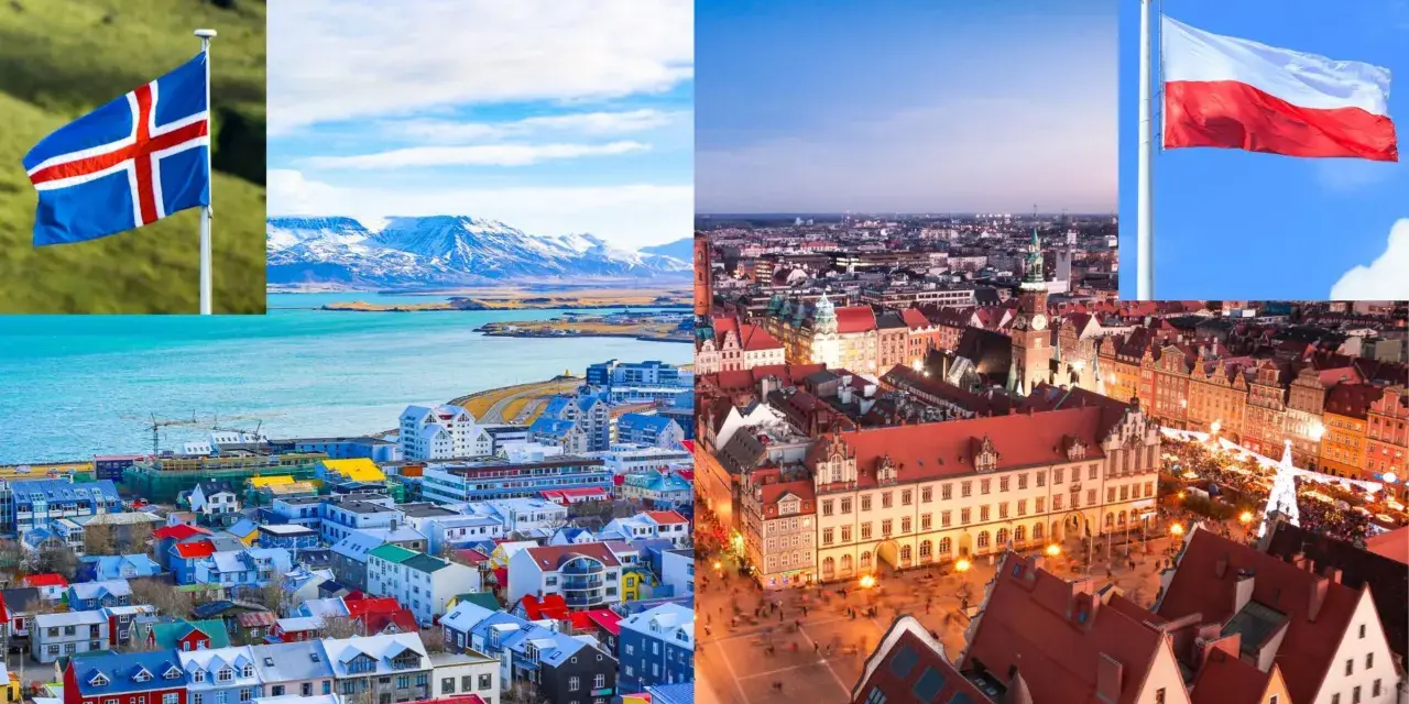 Islandia i Polska, dwa kraje, które często plasują się wysoko w rankingach bezpieczeństwa. Widok na kolorowe domy Reykjaviku i tętniący życiem rynek we Wrocławiu.