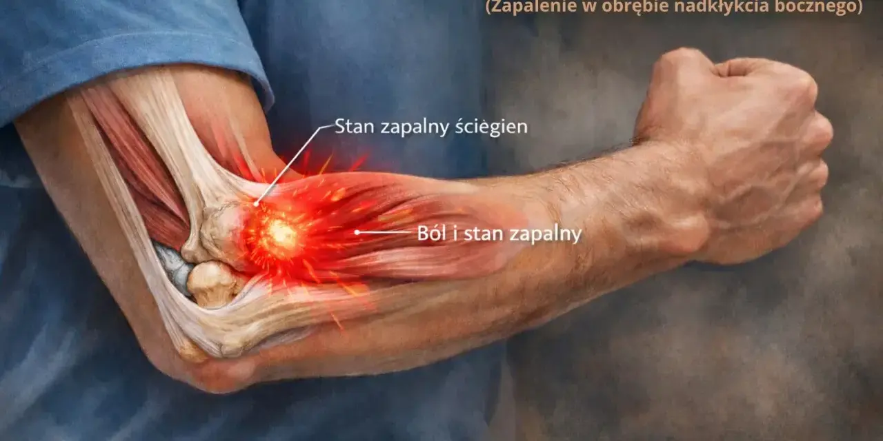 Ból łokcia po zewnętrznej stronie, zapalenie ścięgien i stan zapalny w obrębie nadkłykcia bocznego.
