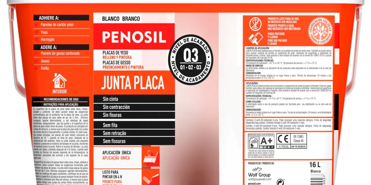 Pintura para juntas de pladur sin rebaje, ideal para rellenar y acabar juntas de cartón yeso, lista para pintar en 4 horas.
