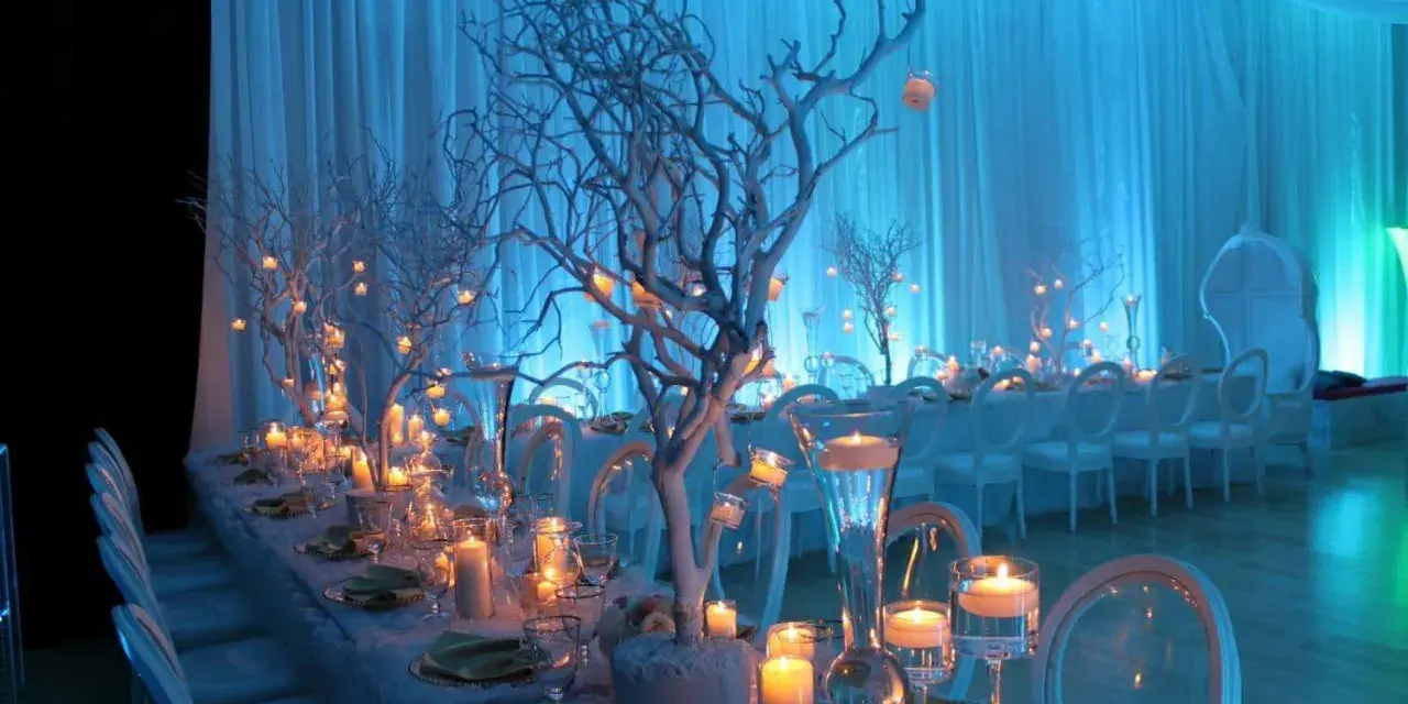 A long table set for an event with white chairs, candles, and white tree branches decorated with small lights.