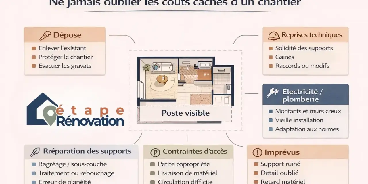 Schéma des coûts cachés d'un chantier de rénovation maison : dépose, reprises techniques, électricité/plomberie, réparation, contraintes d'accès, imprévus.