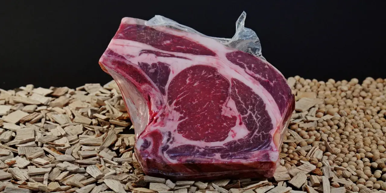 A vacuum-sealed raw beef steak with marbling sits on a bed of wood chips and small nuts.