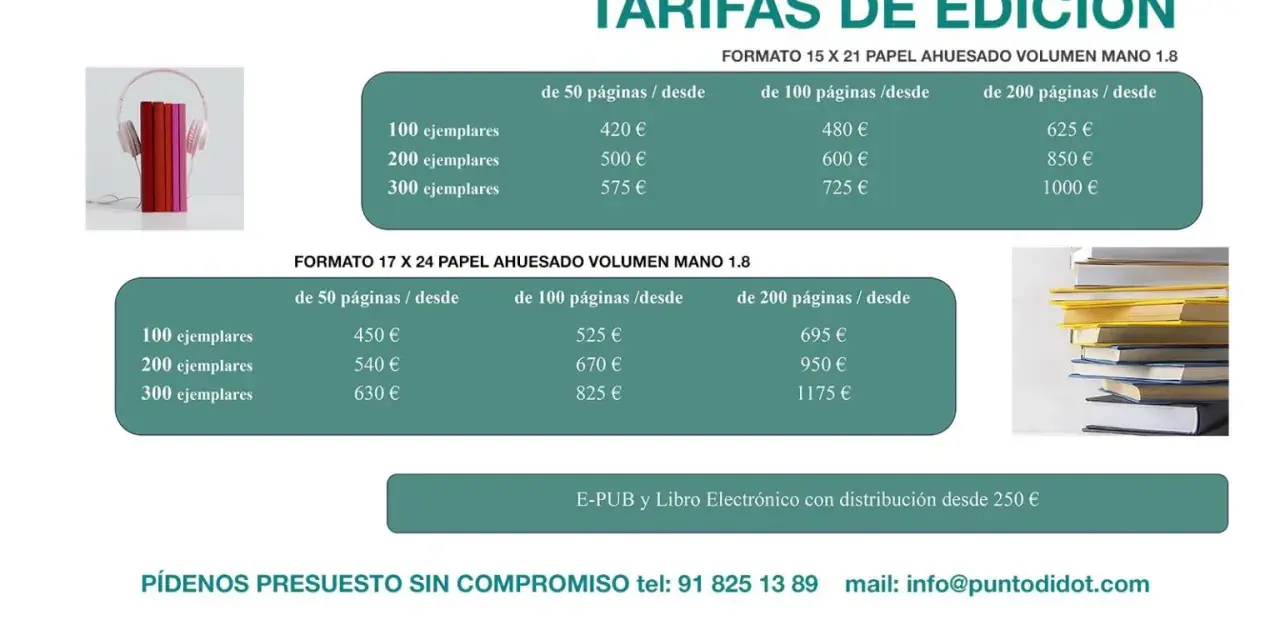 Tabla de tarifas de edición de libros. Averigua cuanto cuesta registrar un libro según formato y número de páginas.