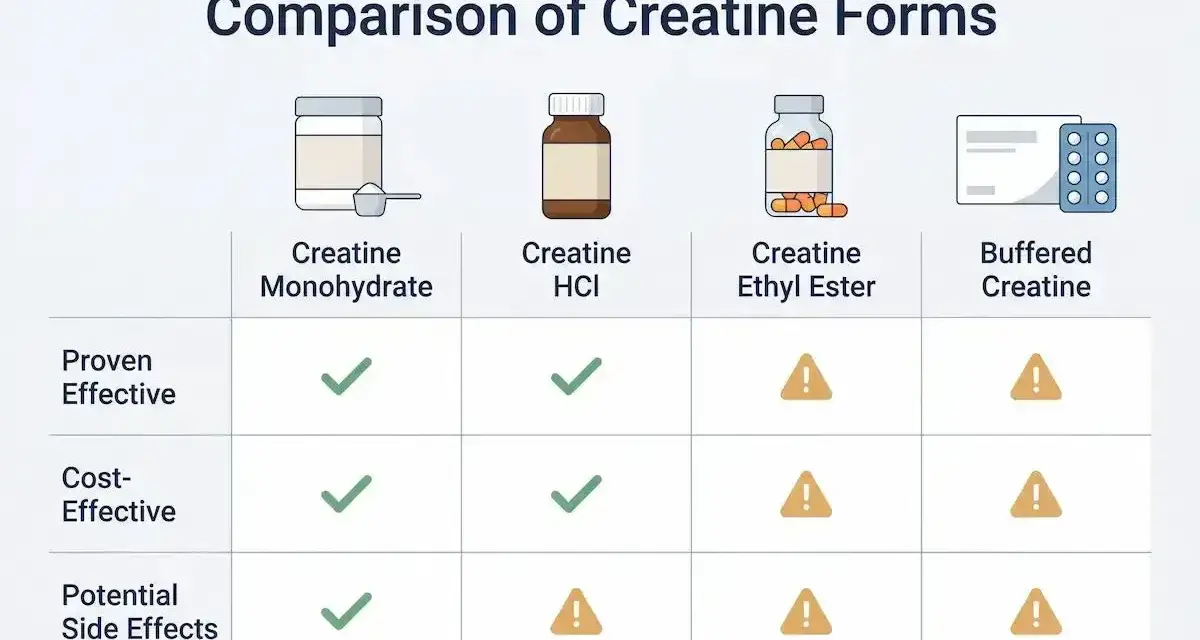Tabela porównuje formy kreatyny. Monohydrat i HCl są skuteczne i tanie, co czyni je najlepszą kreatyną.