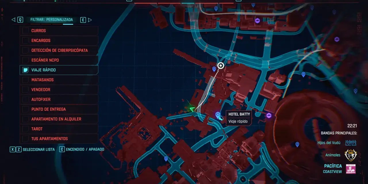 Mapa de Night City con el menú de "Viaje Rápido" abierto, listo para desbloquear trofeos de Cyberpunk 2077.