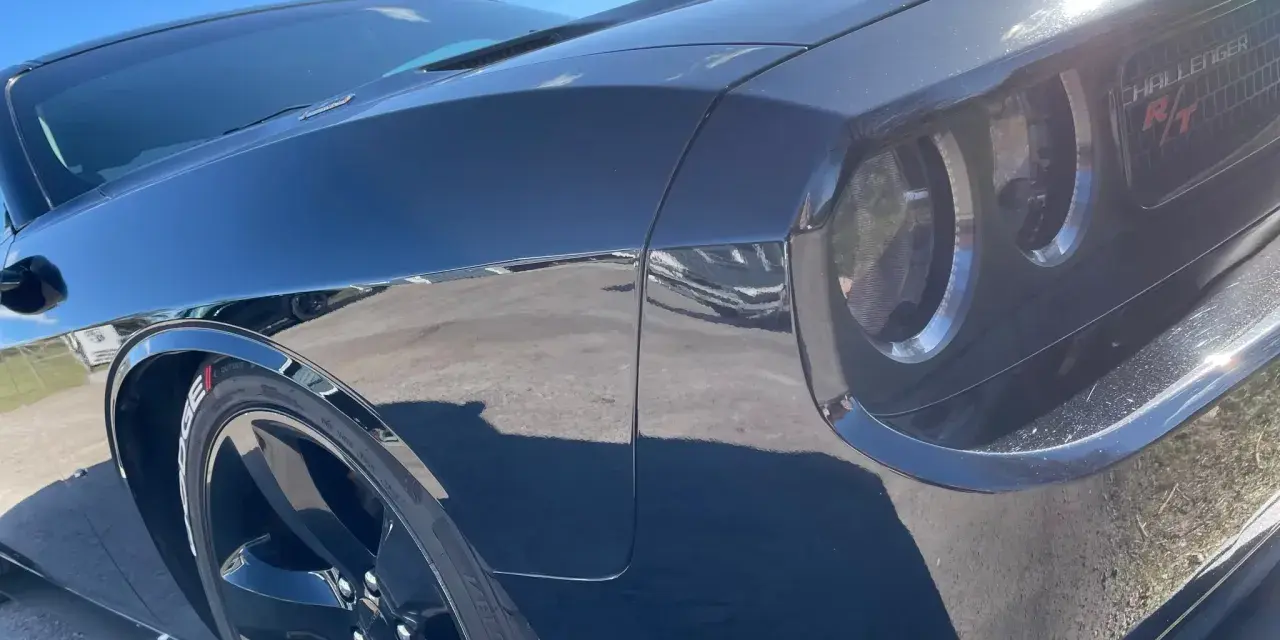 Svart Dodge Challenger med en glans som en ängel, tack vare angelwax. Solen reflekteras i den blanka lacken.