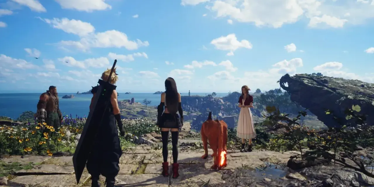 Cloud, Tifa, Aerith y Red XIII contemplan un paisaje costero. Un vistazo a la aventura de FF7 Rebirth.