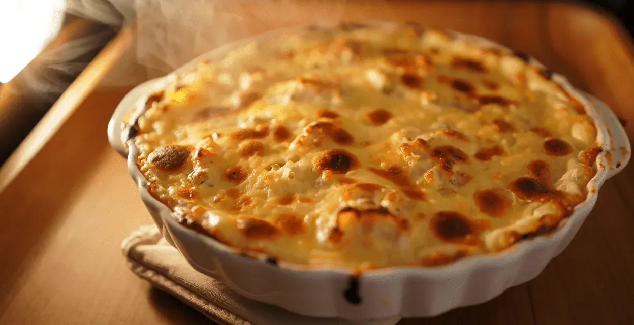 Delicioso bacalao gratinado con alioli, humeante y listo para servir.