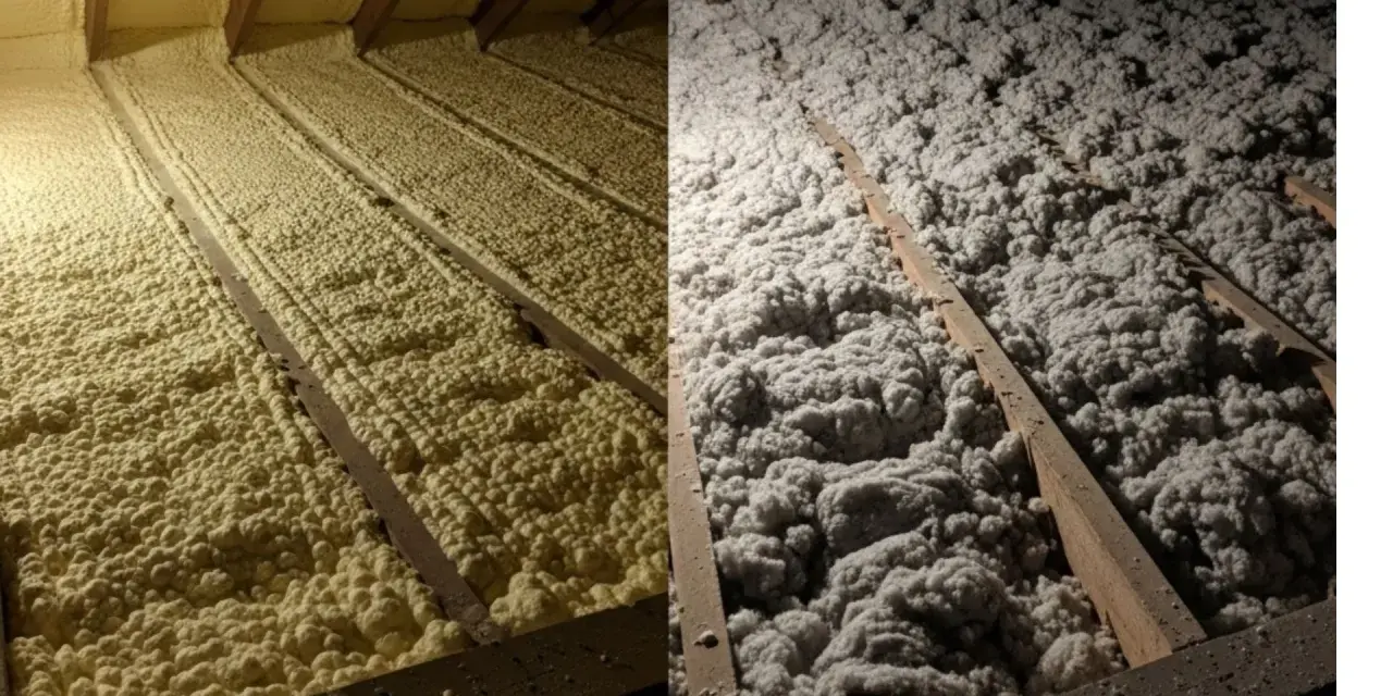 Dwa rodzaje ocieplenia poddasza: po lewej piana PUR, po prawej wełna mineralna.