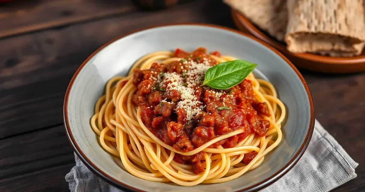 Pyszne spaghetti bolognese, przygotowane według oryginalnego przepisu, z bogatym sosem mięsnym i listkiem bazylii.