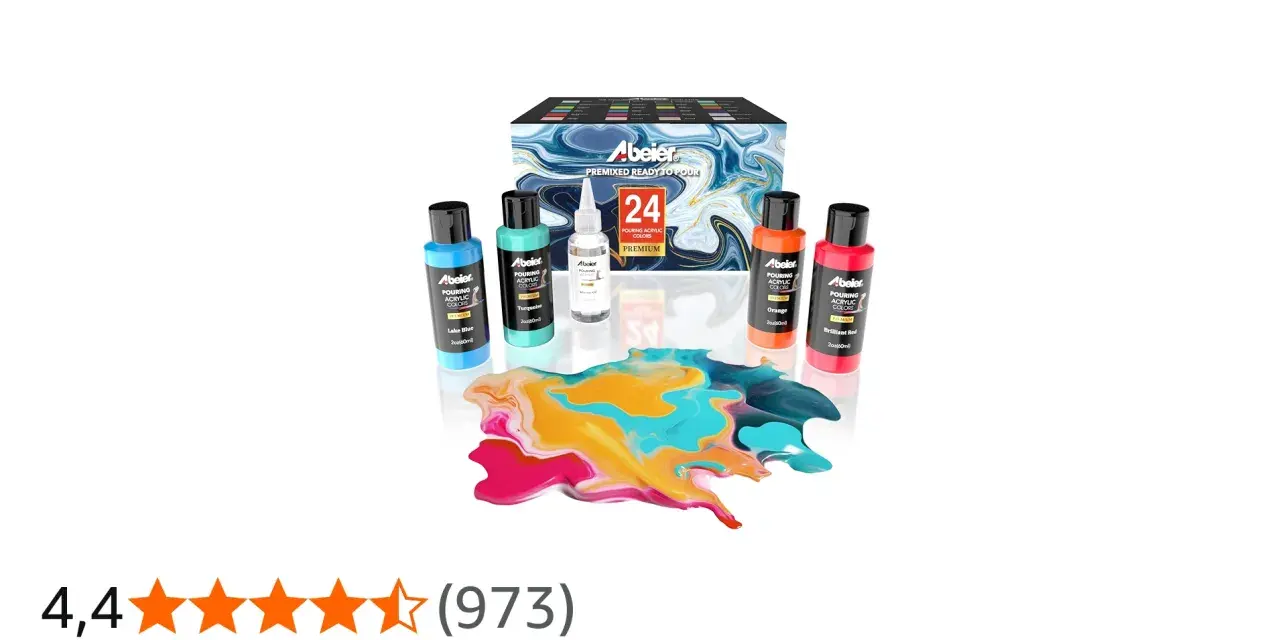 Kit de peinture acrylique "pouring medium c'est quoi" : 5 flacons de couleurs vives et une fiole de silicone, avec une œuvre d'art fluide créée.