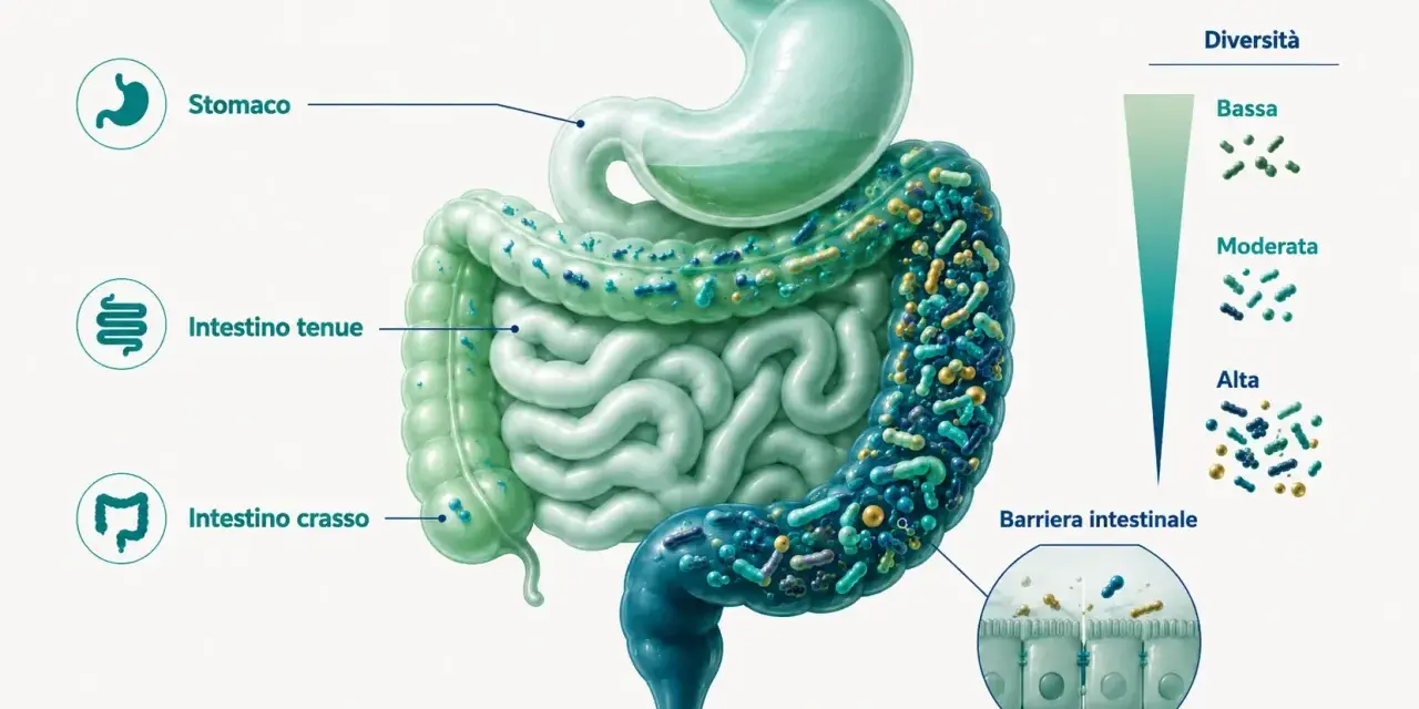 Illustrazione del sistema digestivo con batteri. I probiotici a cosa servono? Aumentano la diversità batterica intestinale, rafforzando la barriera.