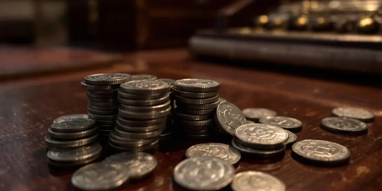 Piles de pièces en argent sur une table en bois. La valeur pièce 100 francs argent est visible sur certaines.