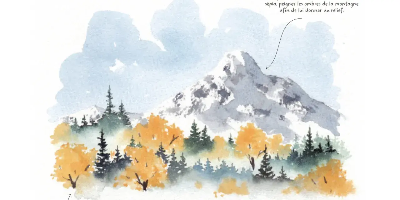 Peinture d'un paysage de montagne avec des arbres aux couleurs d'automne. Le dessin utilise des tons bleus et sépia pour créer de la profondeur.