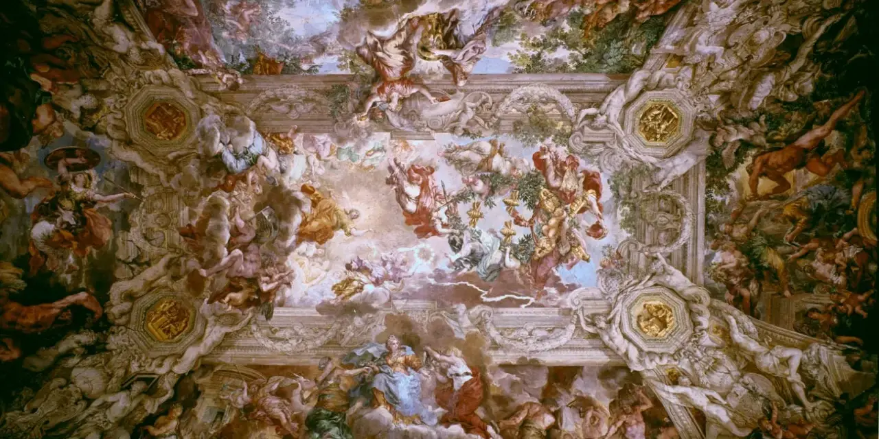Vaste fresque de plafond, une oeuvre baroque foisonnante de figures célestes et humaines dans un décor architectural illusionniste.