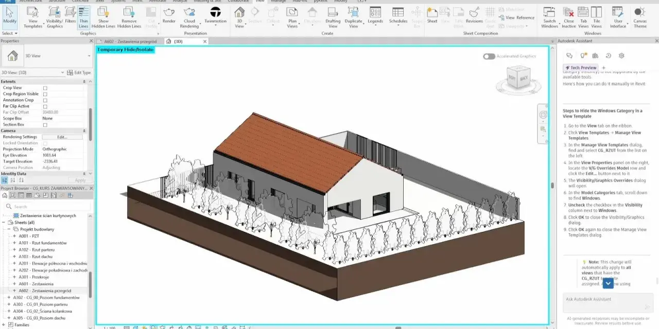 Projekt domu w programie Revit, widok 3D. Na ekranie widać okno programu, panel właściwości i przeglądarkę projektu. To zaawansowane narzędzie do projektowania, podobne do AutoCAD na MacBooku.