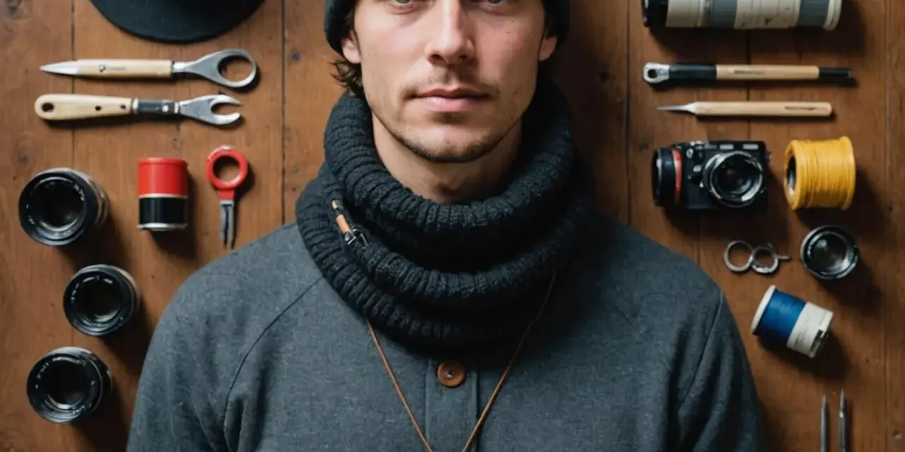 Mężczyzna w czapce i szaliku, otoczony narzędziami i akcesoriami fotograficznymi. Obok niego leżą wykroje do szycia czapek, gotowe do pracy.