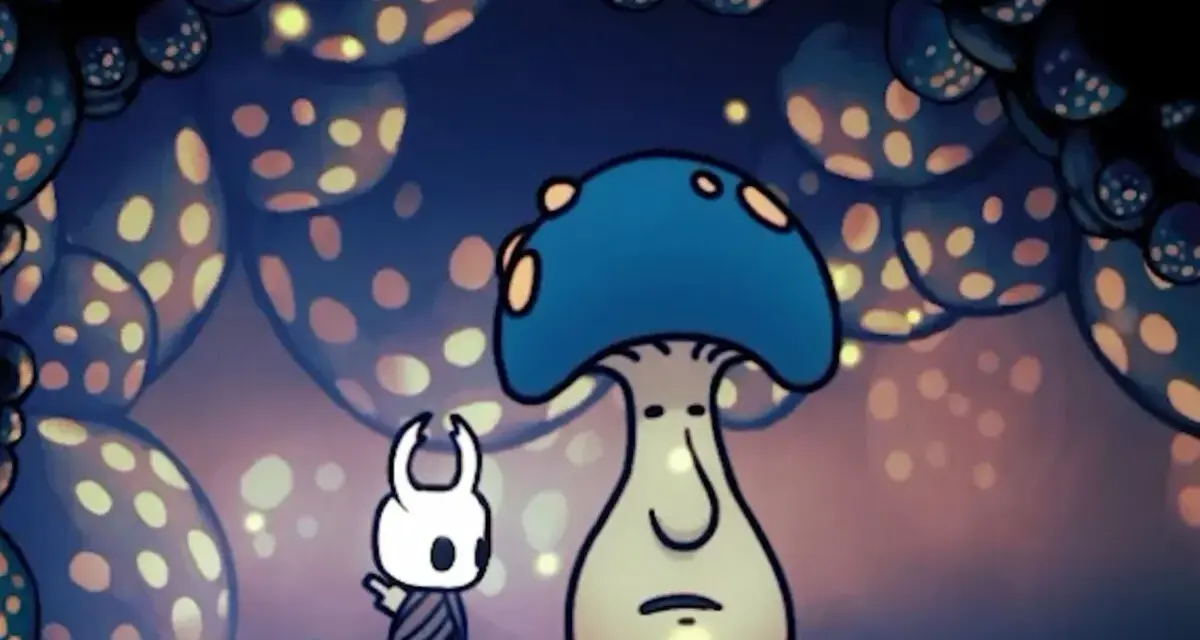 El Caballero se encuentra con el señor seta en un bosque bioluminiscente de Hollow Knight.