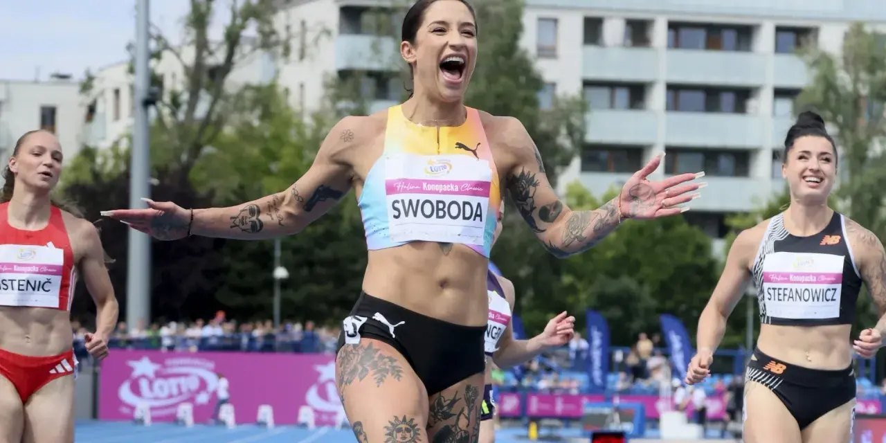 Ewa Swoboda triumfuje na bieżni, radość na jej twarzy po zwycięstwie.
