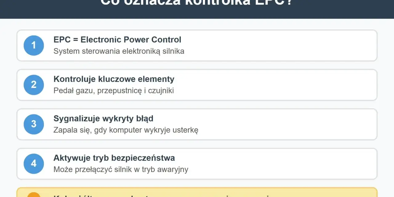 Kontrolka EPC oznacza Electronic Power Control. System ten kontroluje kluczowe elementy silnika i sygnalizuje wykryte błędy.