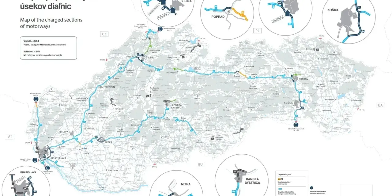 Mapa spoplatnených úsekov diaľnic na Slovensku s vyznačenými mestami a cestami.