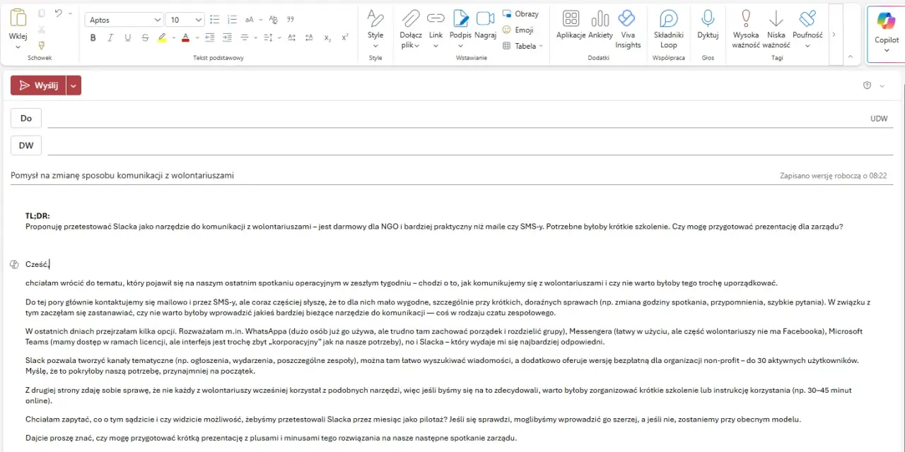 E-mail z propozycją przetestowania Slacka jako narzędzia komunikacji z wolontariuszami. Jak napisać maila w sprawie pracy bez ogłoszenia, gdy szukamy nowych rozwiązań.