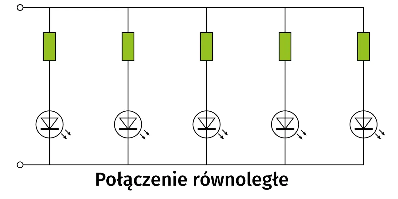 Schemat połączenia równoległego pięciu diod LED, z których każda ma swój rezystor ograniczający prąd.