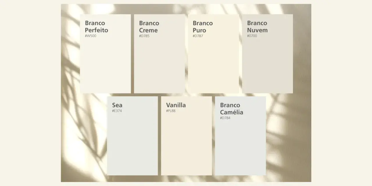 Carta de colores NCS blancos: Branco Perfeito, Creme, Puro, Nuvem, Sea, Vanilla y Camélia.