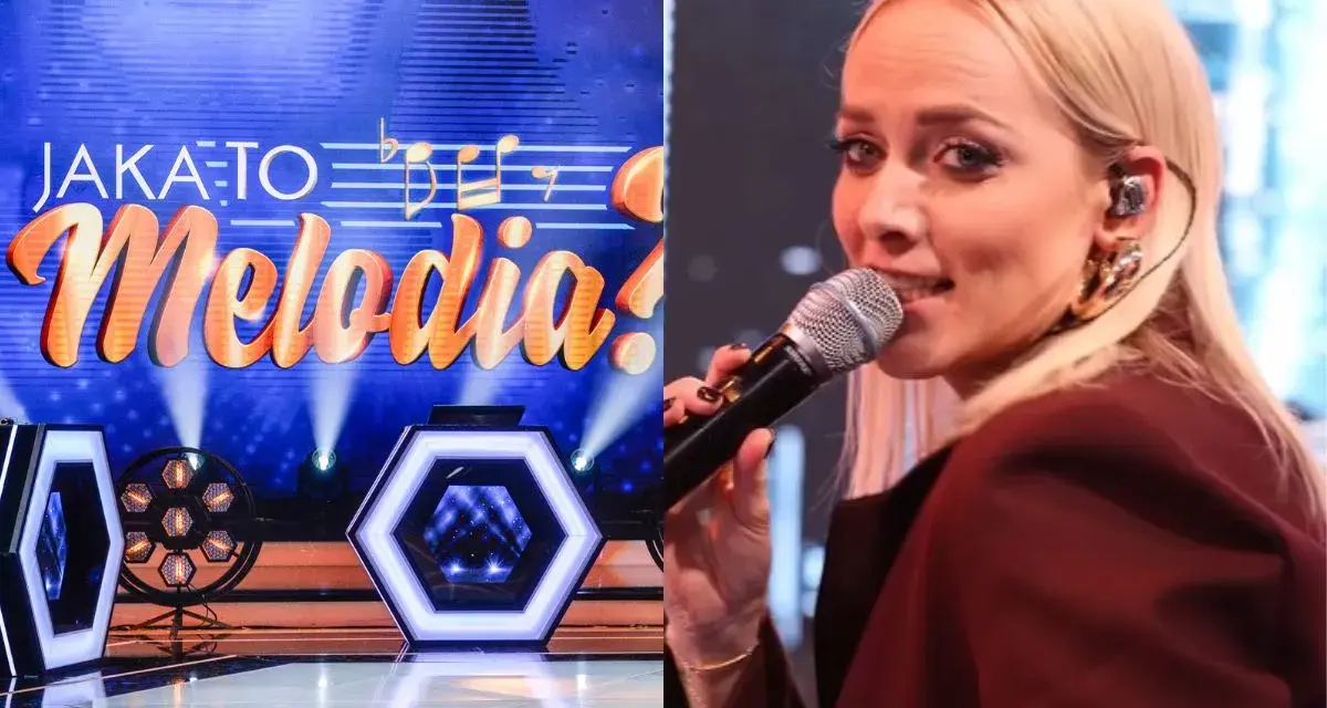 Ola Radwan śpiewa w programie "Jaka to melodia?". Na scenie widać neonowe dekoracje i logo programu.