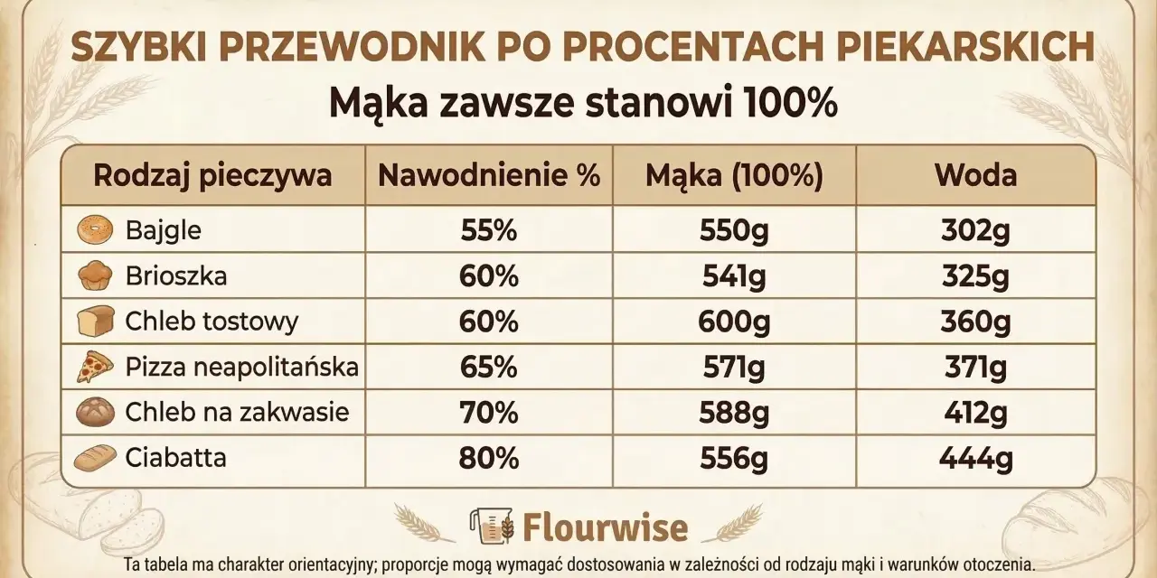 Tabela pokazuje, ile zakwasu na kilogram mąki potrzeba do wypieku bajgli, brioszek, chleba tostowego, pizzy neapolitańskiej, chleba na zakwasie i ciabatty.